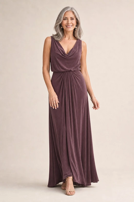 Novara Cowl Jersey Dress by Tania Olsen - Tea Rose mother of the bride dress on model