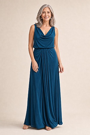 Novara Cowl Jersey Dress by Tania Olsen - Teal Green mother of the bride dress on model