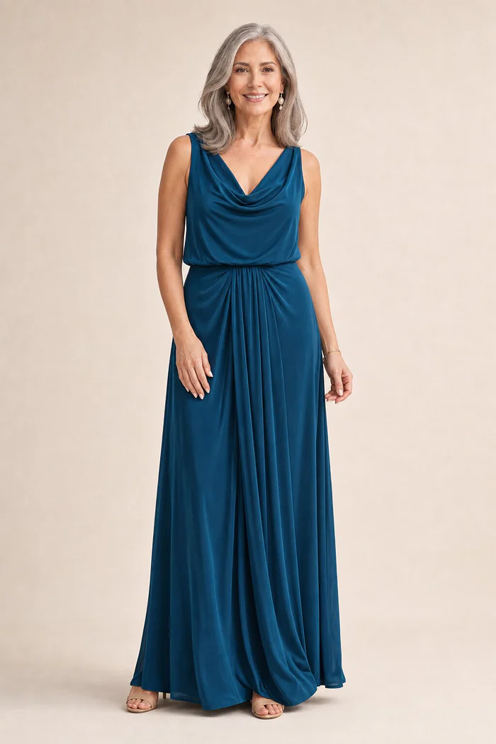 Novara Cowl Jersey Dress by Tania Olsen - Teal Green mother of the bride dress on model