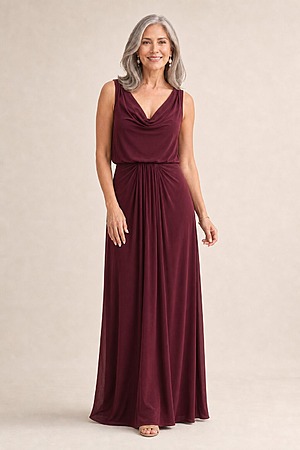 Novara Cowl Jersey Dress by Tania Olsen - Wine Red mother of the bride dress on model