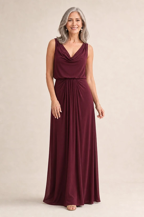 Novara Cowl Jersey Dress by Tania Olsen - Wine Red mother of the bride dress on model