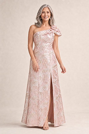 Off Shoulder 3D Floral Jacquard Blush Gown by Adrianna Papell mother of the bride dress on model