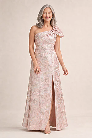 Off Shoulder 3D Floral Jacquard Blush Gown by Adrianna Papell