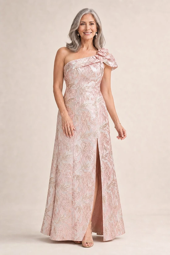 Off Shoulder 3D Floral Jacquard Blush Gown by Adrianna Papell mother of the bride dress on model