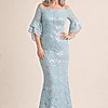 Off Shoulder Bell Sleeve Sequin Airy Aqua Lace Gown by Adrianna Papell mother of the bride dress on model