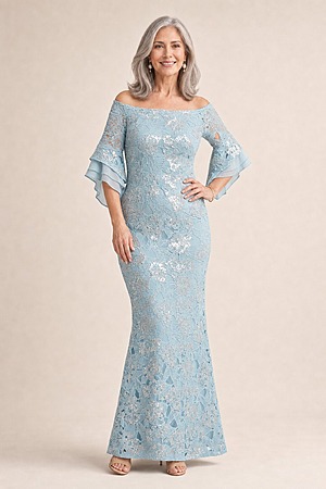 Off Shoulder Bell Sleeve Sequin Airy Aqua Lace Gown by Adrianna Papell mother of the bride dress on model
