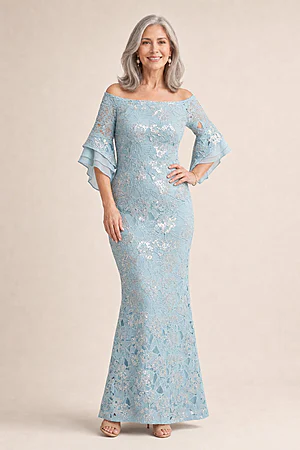 Off Shoulder Bell Sleeve Sequin Airy Aqua Lace Gown by Adrianna Papell