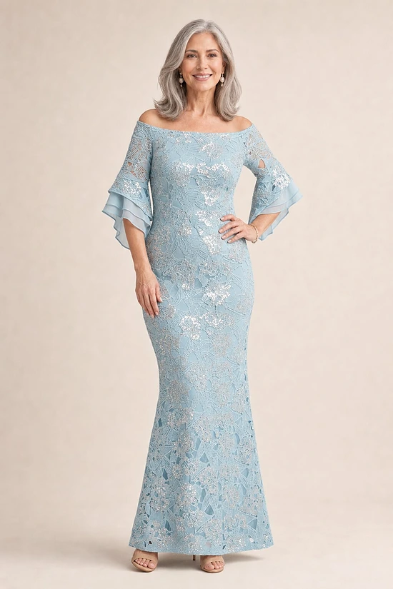 Off Shoulder Bell Sleeve Sequin Airy Aqua Lace Gown by Adrianna Papell mother of the bride dress on model