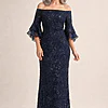 Off Shoulder Floral Jacquard A Midnight Line Gown by Adrianna Papell mother of the bride dress on model