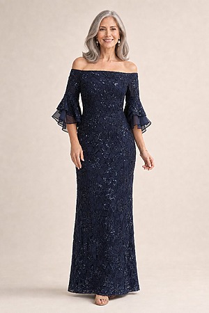 Off Shoulder Floral Jacquard A Midnight Line Gown by Adrianna Papell mother of the bride dress on model