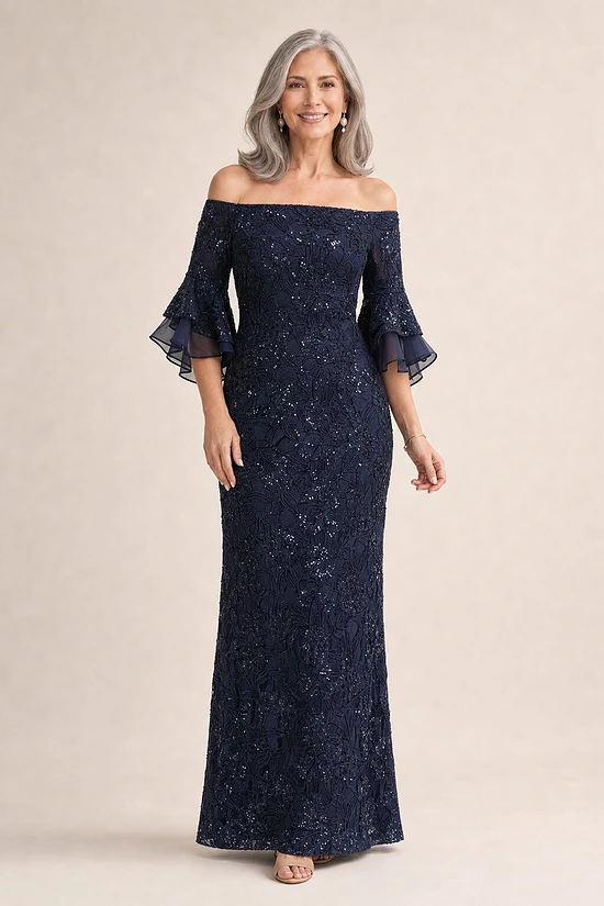 Off Shoulder Floral Jacquard A Midnight Line Gown by Adrianna Papell mother of the bride dress on model