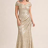 Off Shoulder Foil Leaf Mermaid Champagne Gold Gown by Adrianna Papell mother of the bride dress on model