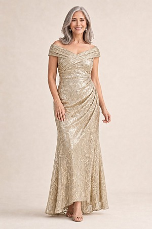 Off Shoulder Foil Leaf Mermaid Champagne Gold Gown by Adrianna Papell mother of the bride dress on model