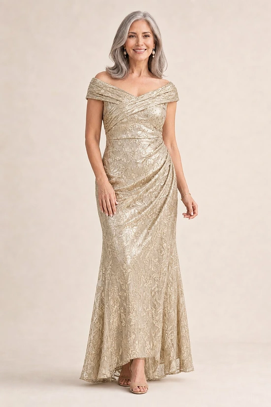 Off Shoulder Foil Leaf Mermaid Champagne Gold Gown by Adrianna Papell mother of the bride dress on model