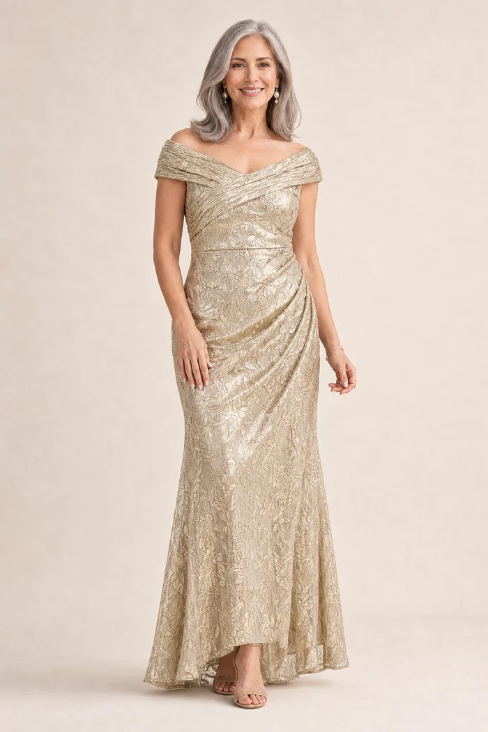 Off Shoulder Foil Leaf Mermaid Champagne Gold Gown by Adrianna Papell mother of the bride dress on model