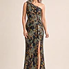 One Shoulder Jacquard Blue Gold Dress by Adrianna Papell mother of the bride dress on model
