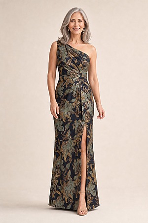 One Shoulder Jacquard Blue Gold Dress by Adrianna Papell mother of the bride dress on model