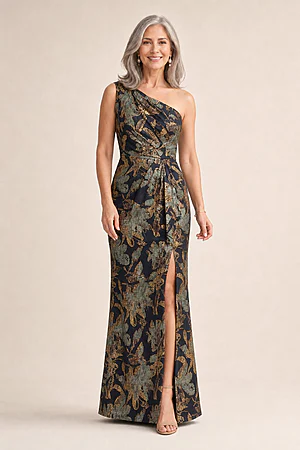 One Shoulder Jacquard Blue Gold Dress by Adrianna Papell