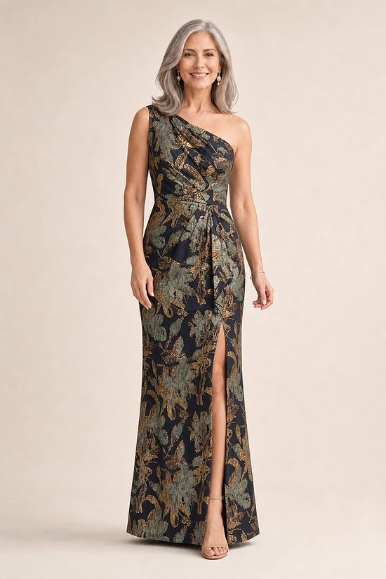 One Shoulder Jacquard Blue Gold Dress by Adrianna Papell mother of the bride dress on model