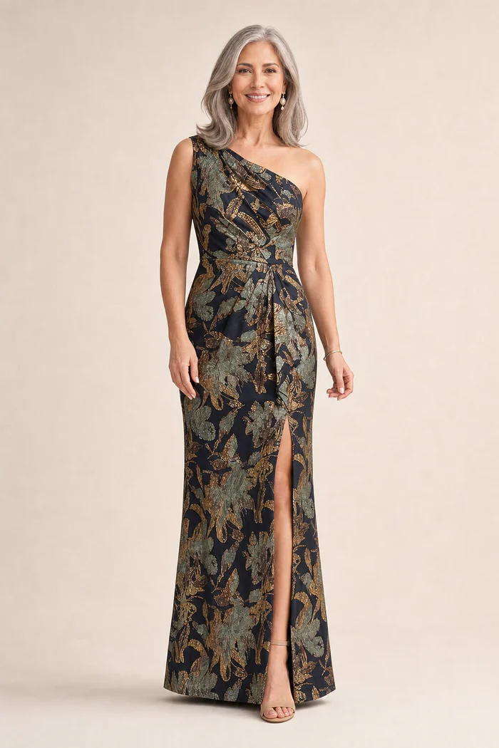 One Shoulder Jacquard Blue Gold Dress by Adrianna Papell mother of the bride dress on model