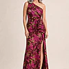 One Shoulder Jacquard Burgundy Gold Dress by Adrianna Papell mother of the bride dress on model