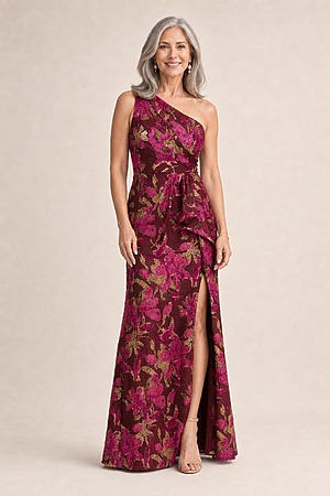 One Shoulder Jacquard Burgundy Gold Dress by Adrianna Papell mother of the bride dress on model