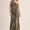 One Shoulder Jacquard Green Gold Dress by Adrianna Papell mother of the bride dress on model