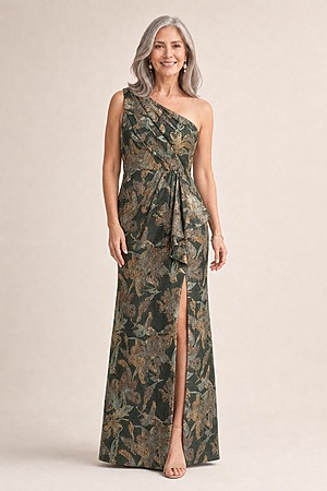 One Shoulder Jacquard Green Gold Dress by Adrianna Papell mother of the bride dress on model