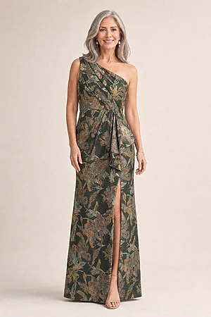 adrianna papell green and gold dress Green Gold One Shoulder Jacquard Dress | Adrianna Papell