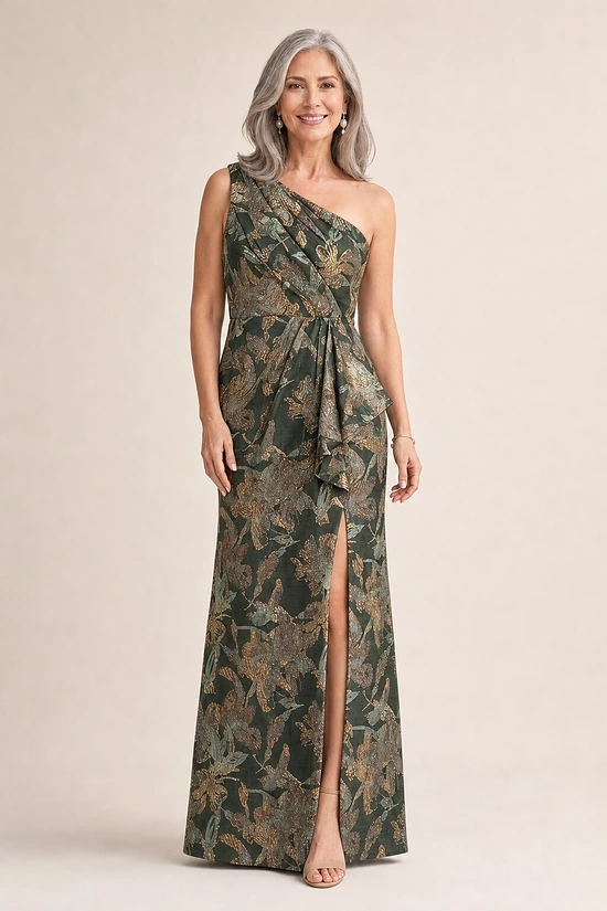 One Shoulder Jacquard Green Gold Dress by Adrianna Papell mother of the bride dress on model