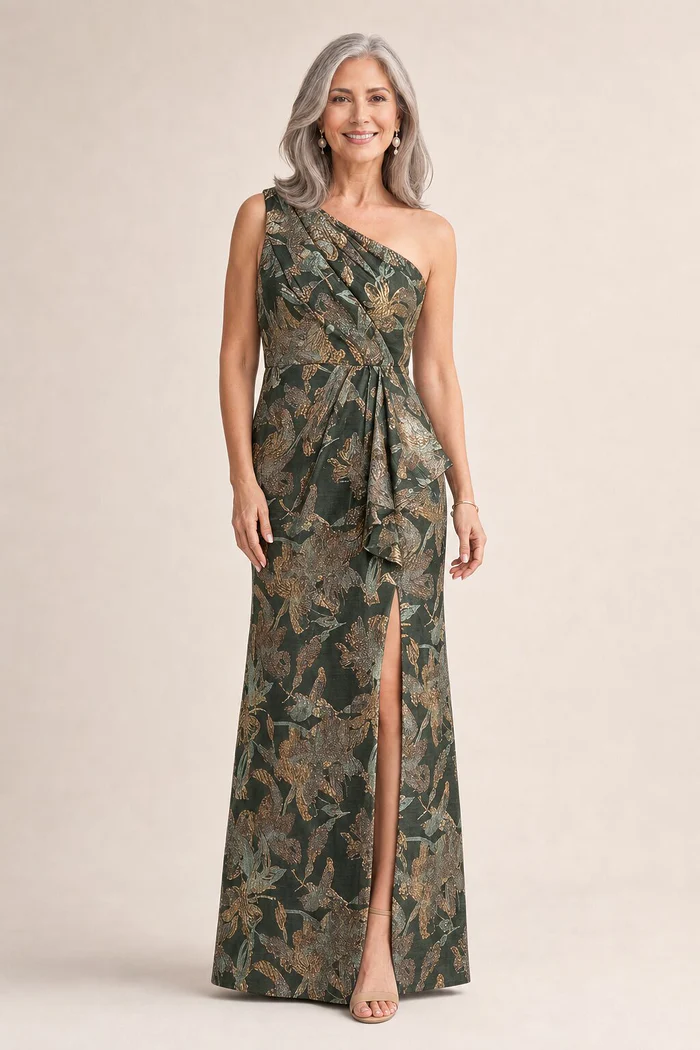 One Shoulder Jacquard Green Gold Dress by Adrianna Papell mother of the bride dress on model