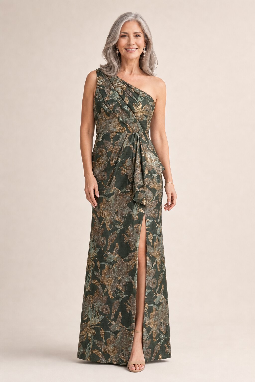 One Shoulder Jacquard Green Gold Dress by Adrianna Papell