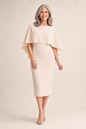 Oriana Bisque Midi Modern Asymmetry with Elegant Flow by Trellis Lane mother of the bride dress on model