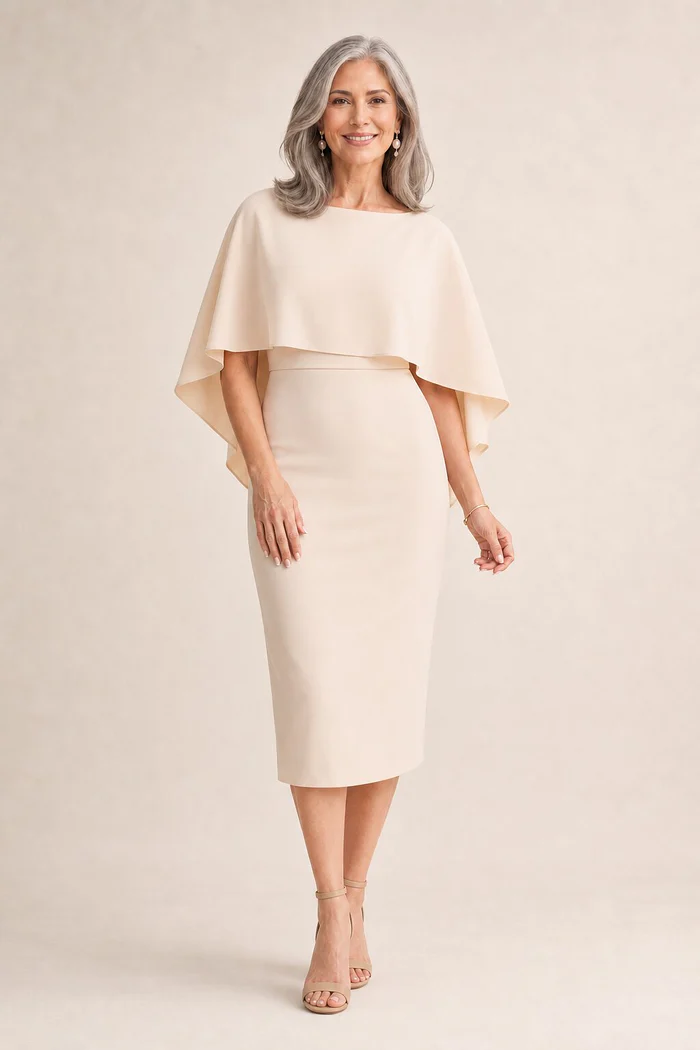 Oriana Bisque Midi Modern Asymmetry with Elegant Flow by Trellis Lane mother of the bride dress on model