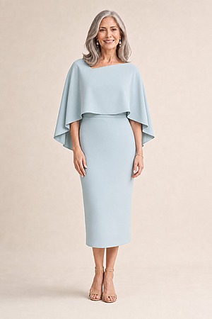 Oriana Light Blue Midi Modern Asymmetry with Elegant Flow by Trellis Lane mother of the bride dress on model