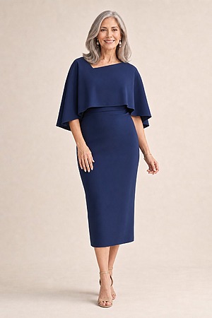 Oriana Navy Midi Modern Asymmetry with Elegant Flow by Trellis Lane mother of the bride dress on model