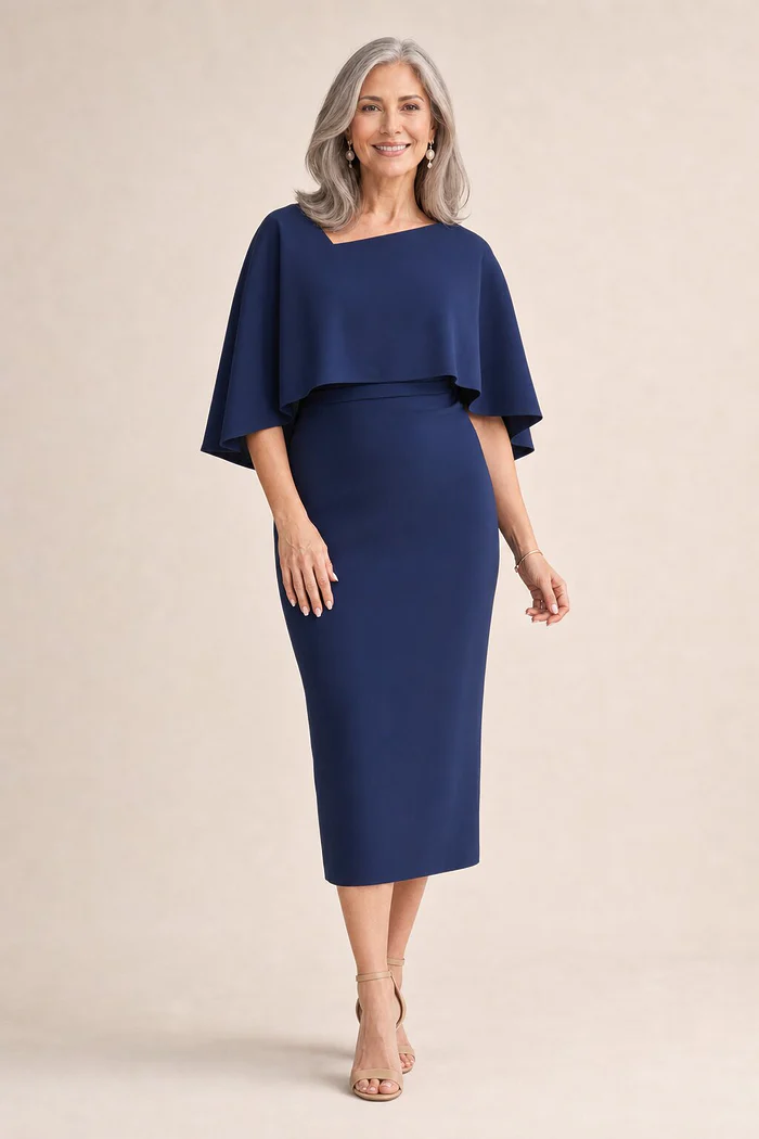 Oriana Navy Midi Modern Asymmetry with Elegant Flow by Trellis Lane mother of the bride dress on model