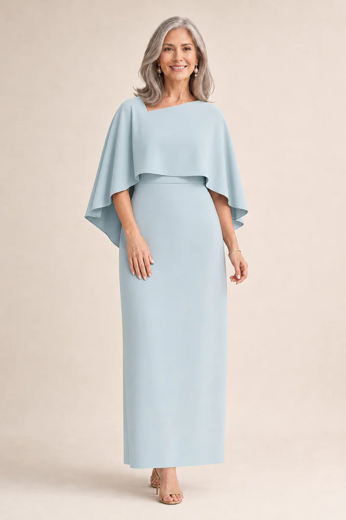 Oriana Pencil Light Blue Dress Modern with Elegant Flow by Trellis Lane mother of the bride dress on model