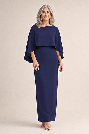 Oriana Pencil Navy Dress Modern with Elegant Flow by Trellis Lane mother of the bride dress on model