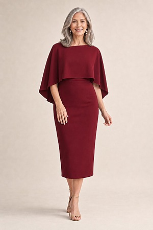 Oriana Wine Midi Modern Asymmetry with Elegant Flow by Trellis Lane mother of the bride dress on model