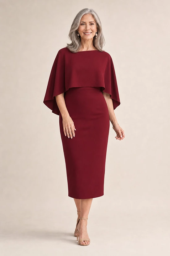 Oriana Wine Midi Modern Asymmetry with Elegant Flow by Trellis Lane mother of the bride dress on model
