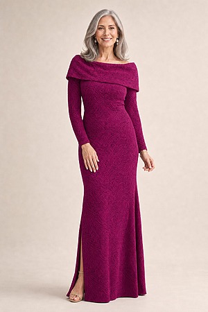 Phoebe Magenta Dress with Sleeves with Polished Elegance by Trellis Lane mother of the bride dress on model