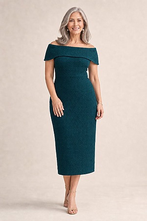 Phoebe Polished Cocktail Navy Dress Elegance with Soft Structure by Trellis Lane mother of the bride dress on model
