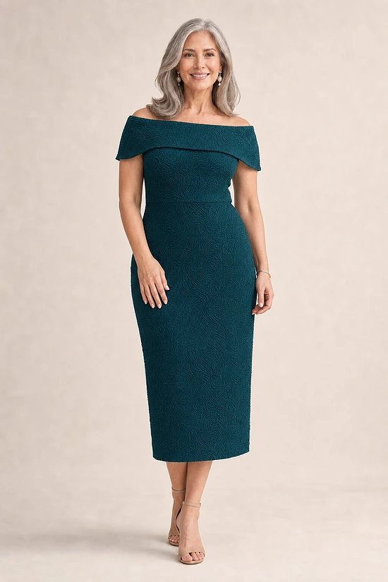 Phoebe Polished Cocktail Teal Dress Elegance with Soft Structure by Trellis Lane mother of the bride dress on model