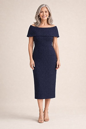 Phoebe Polished Cocktail Navy Dress Elegance with Soft Structure by Trellis Lane mother of the bride dress on model