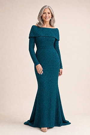 Phoebe Teal Dress with Sleeves with Polished Elegance by Trellis Lane mother of the bride dress on model