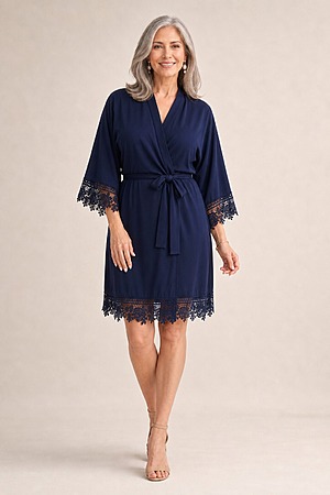 Rosa Navy Blue Cotton Lace Robe mother of the bride dress on model