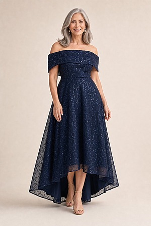 Rosita Dress Soft Sparkle with Elegant Movement by Trellis Lane mother of the bride dress on model