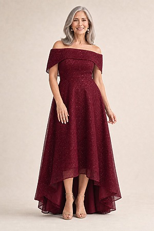 Rosita Wine Dress Soft Sparkle with Elegant Movement by Trellis Lane mother of the bride dress on model