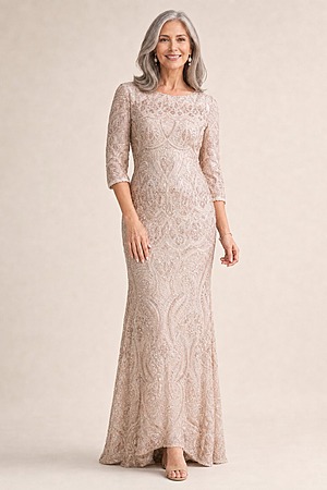 Roxy Refined Champagne Gown Sequins with Effortless Comfort by Trellis Lane mother of the bride dress on model